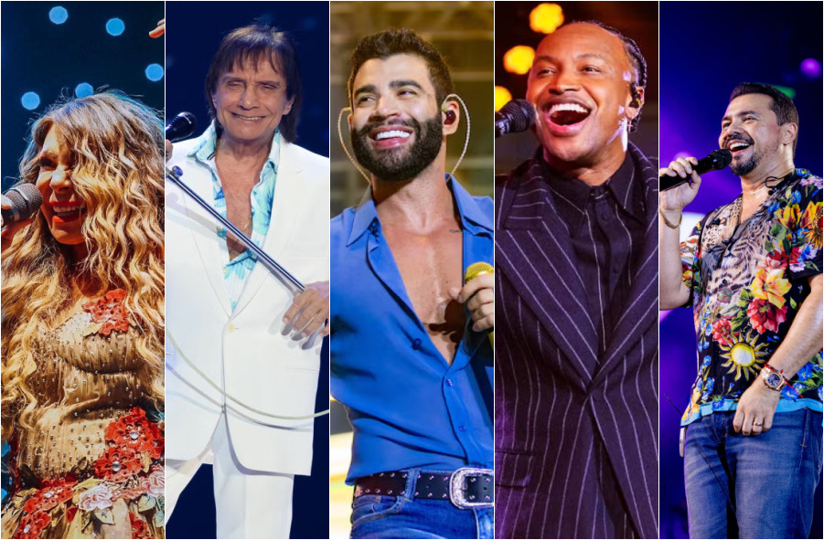 Montagem com imagens de arquivos de Elba Ramalho, Roberto Carlos, Gusttavo Lima, Thiaguinho e Xand Avião.