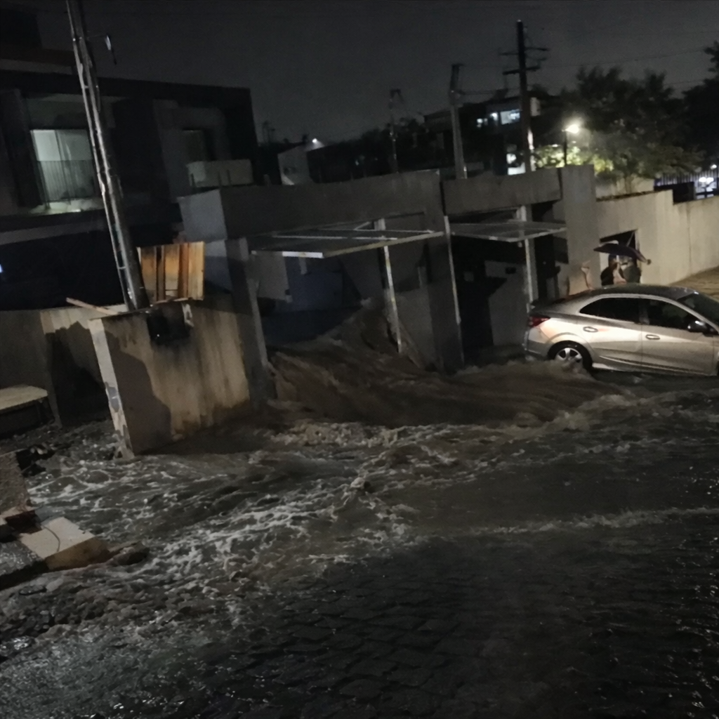 Enxurrada invade rua e arrasta grande volume de água durante forte chuva registrada à noite em Gravatá; carro fica parcialmente submerso próximo a um imóvel em construção.