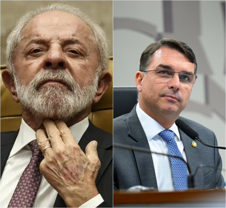 Montagem com imagens de arquivos de Lula e Flávio Bolsonaro.