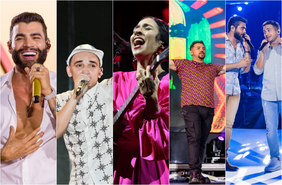 Montagem com imagens de arquivos de Gusttavo Lima, João Gomes, Marisa Monte, Xand Avião e Henrique & Juliano.