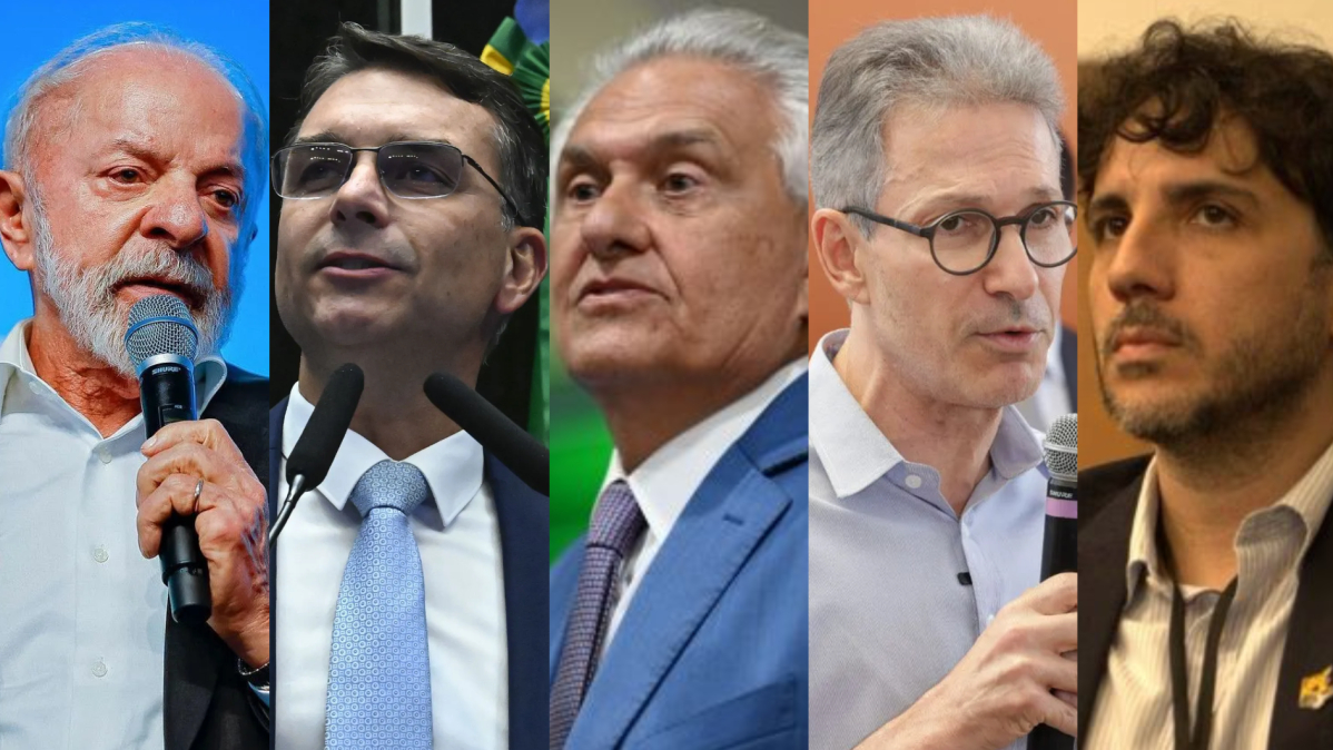 Montagem com imagens de arquivos de Lula, Flávio Bolsonaro, Romeu Zema, Ronaldo Caiado e Renan Santos, pré-candidatos a Presidência da República.
