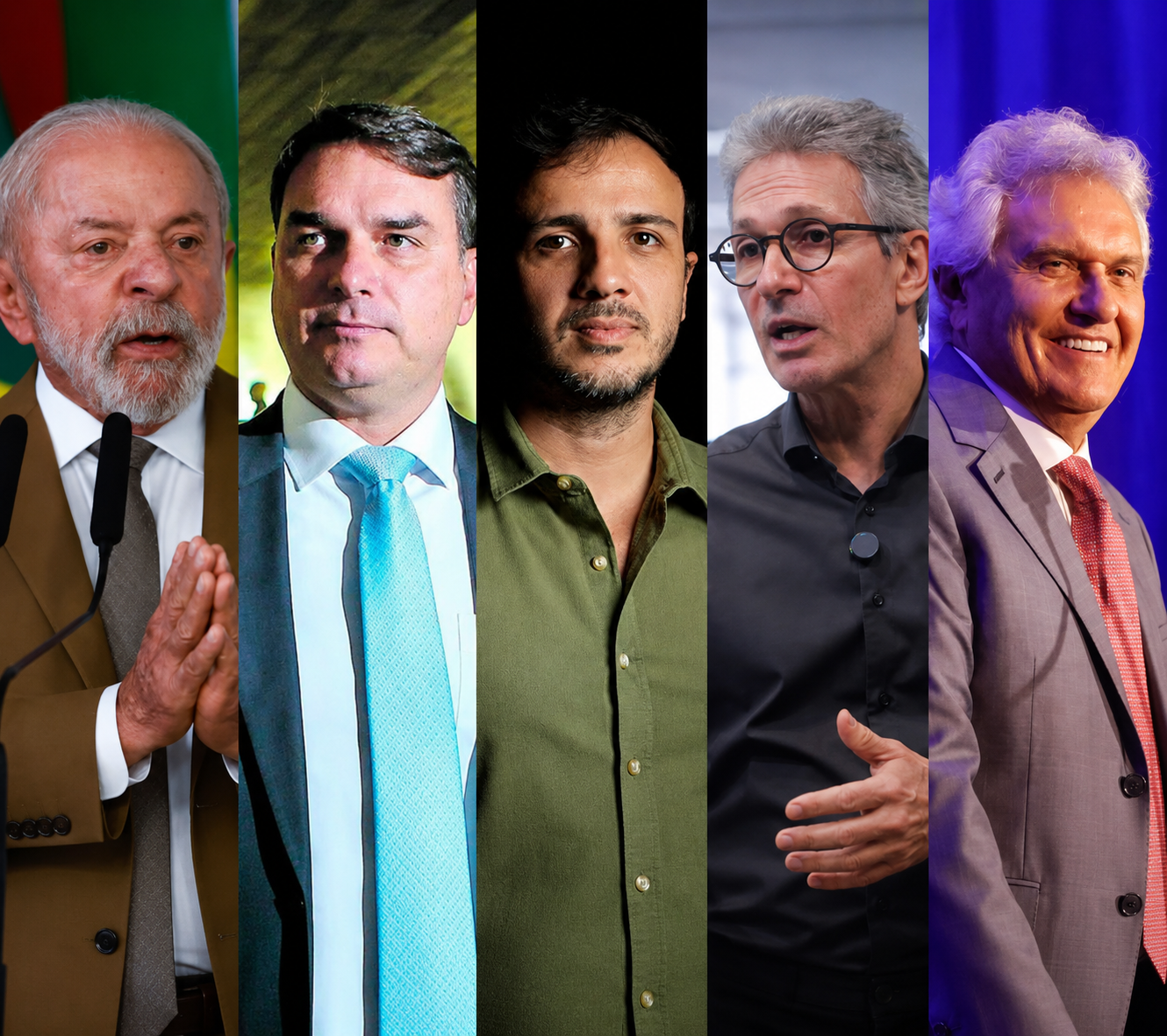 Montagem com fotos de arquivos dos pré-candidatos Lula, Flávio Bolsonaro, Renan Santos, Ronaldo Caiado e Romeu Zema.