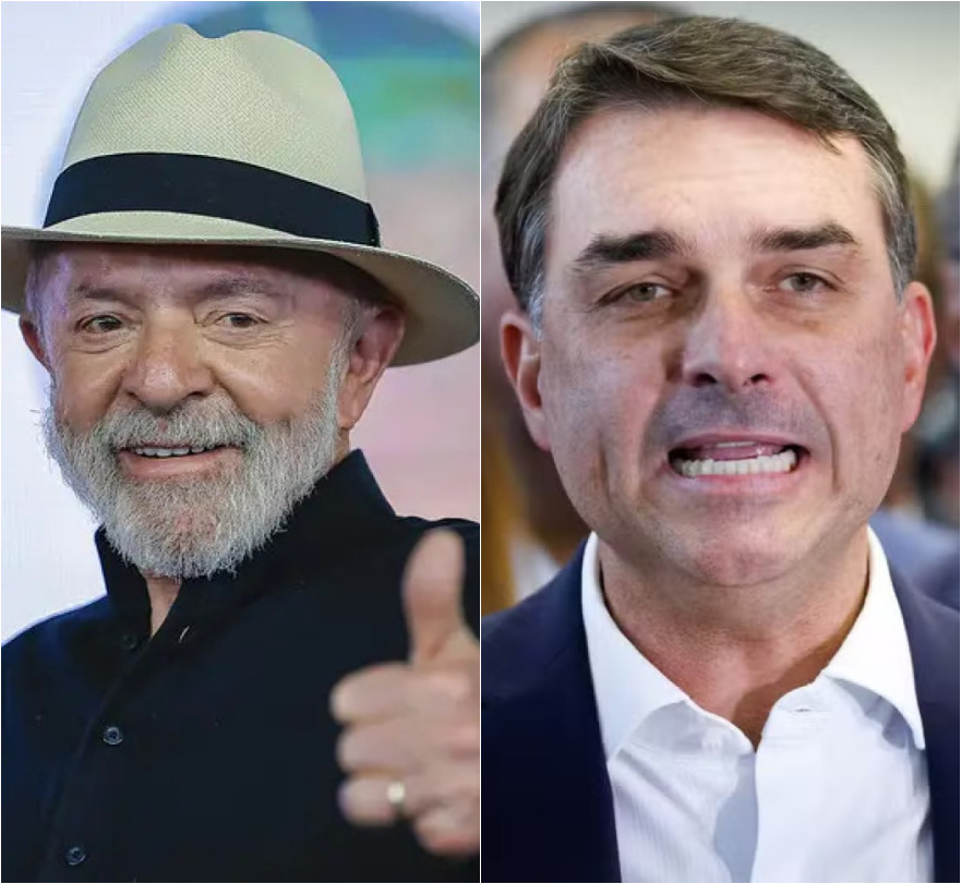 Montagem com imagens de arquivos de Lula e Flávio Bolsonaro.