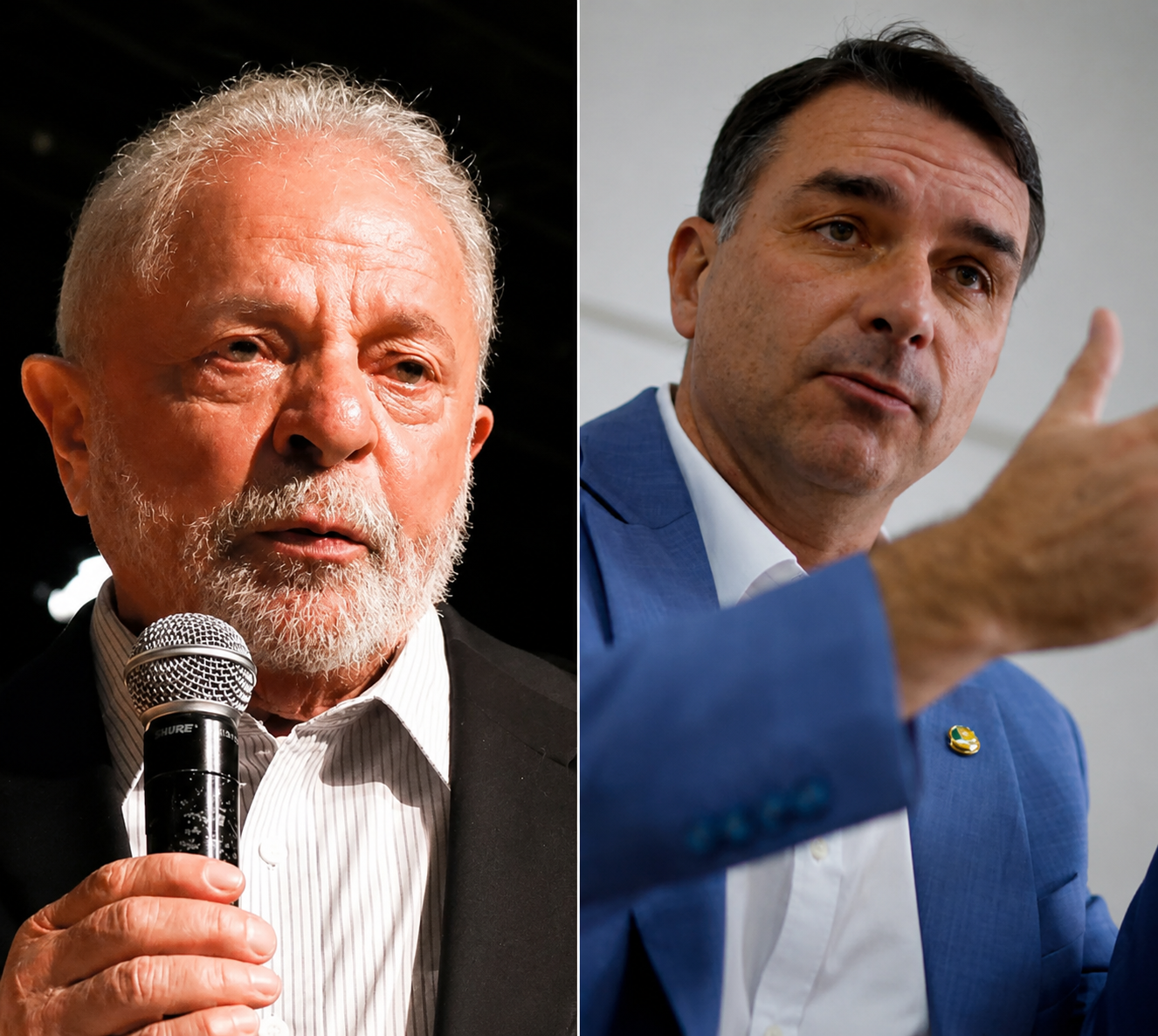 Montagem com retratos lado a lado de Luiz Inácio Lula da Silva e Flávio Bolsonaro. Lula aparece à esquerda, segurando um microfone e vestindo paletó escuro sobre camisa clara, com expressão séria diante de um fundo escuro desfocado. Flávio Bolsonaro está à direita, usando blazer azul-claro e camisa branca, gesticulando com a mão direita e olhando para a esquerda, em ambiente interno de fundo claro.