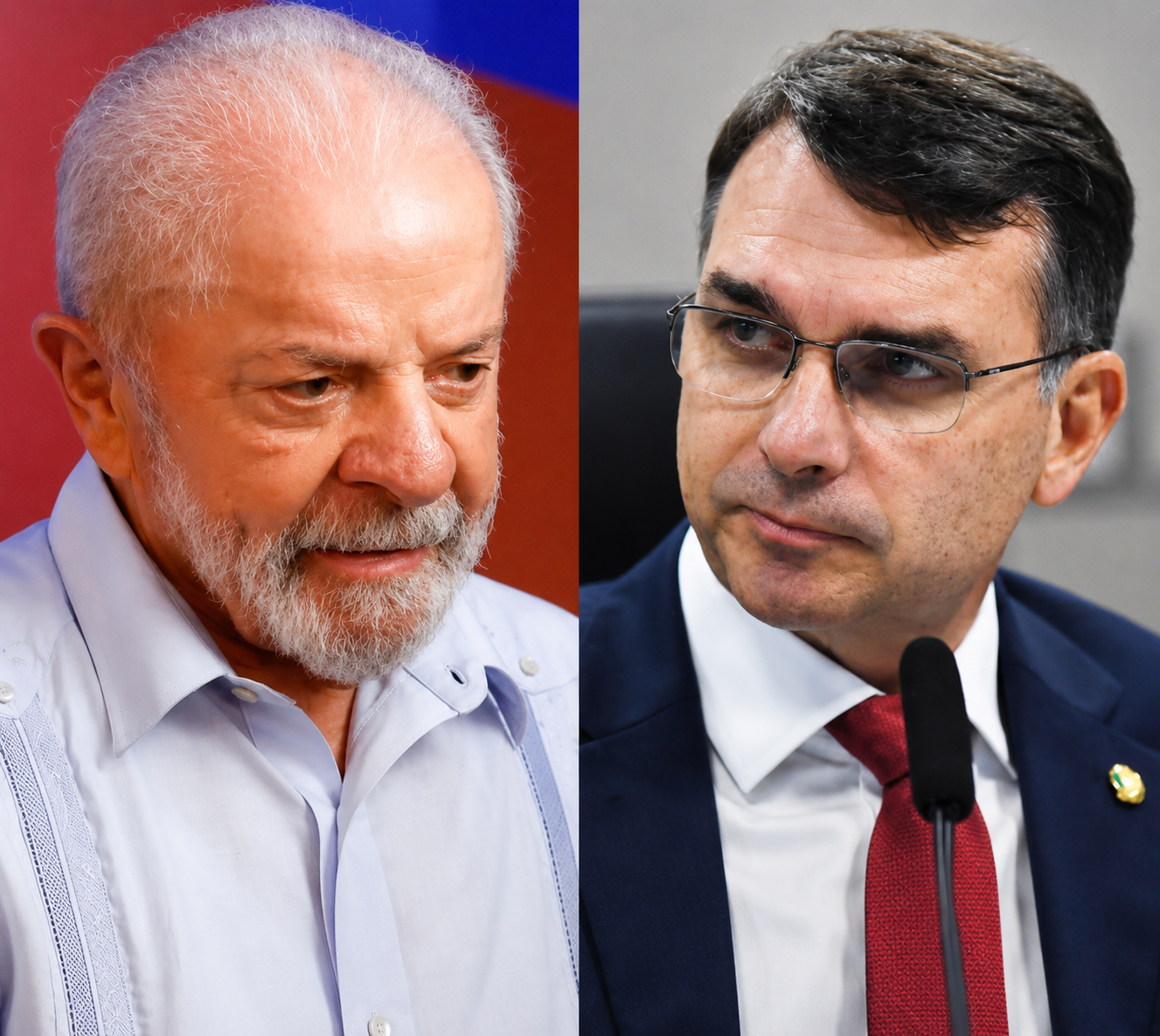 Montagem com retratos lado a lado de Luiz Inácio Lula da Silva e Flávio Bolsonaro. Lula aparece à esquerda, de camisa clara, olhando para baixo com expressão séria diante de um fundo em tons de vermelho e azul. Flávio Bolsonaro está à direita, de terno escuro e gravata vermelha, olhando para a esquerda com expressão concentrada, diante de um microfone em ambiente institucional.