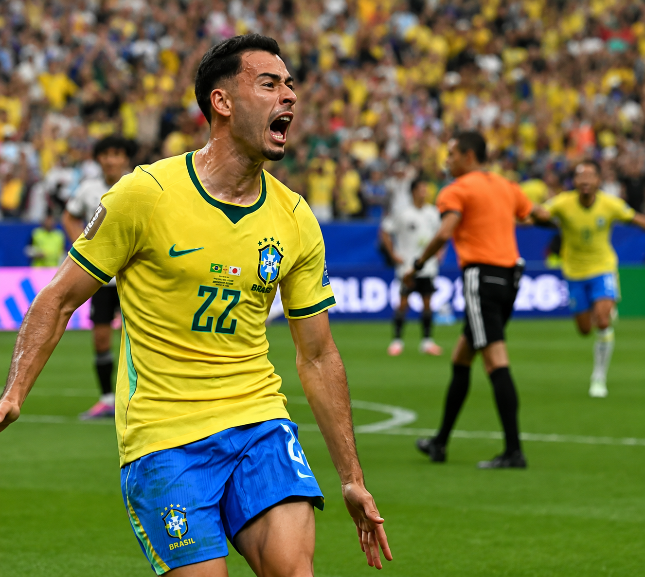 Gabriel Martinelli comemora gol da virada do Brasil marcado contra o Japão.